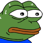 MonkaS emote showing Pepe the Frog with sweat on his forehead from an intense situation.