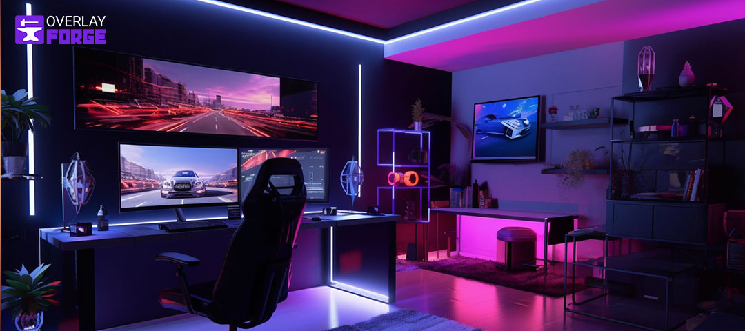 Der perfekte Streaming-Raum, Beispiel 3 ordentlich aussehender Streaming-Raum mit indirekter weißer Beleuchtung mit rosa Zusatzlicht.