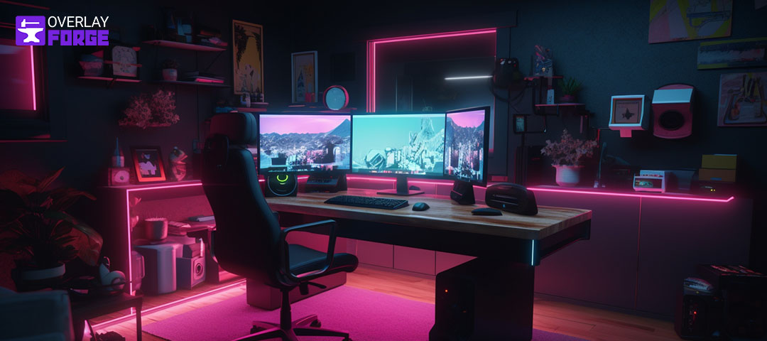 Der perfekte Streaming-Raum, Beispiel 4 für einen sehr schönen und sauberen, stimmungsvollen Streaming-Raum mit rosa neon Beleuchtung.
