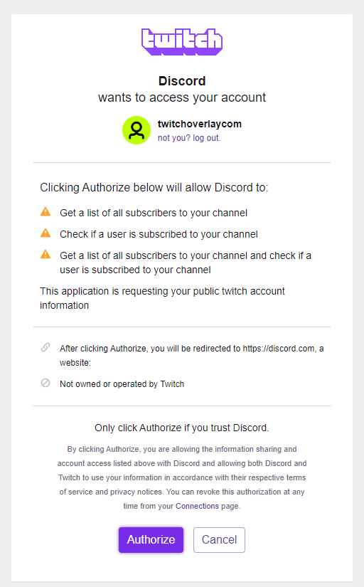 Authorization process of Twitch to authorize linking to your Discord account.