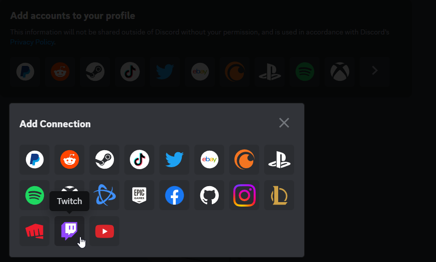 Location of Twitch icon in the Discord Connections tab