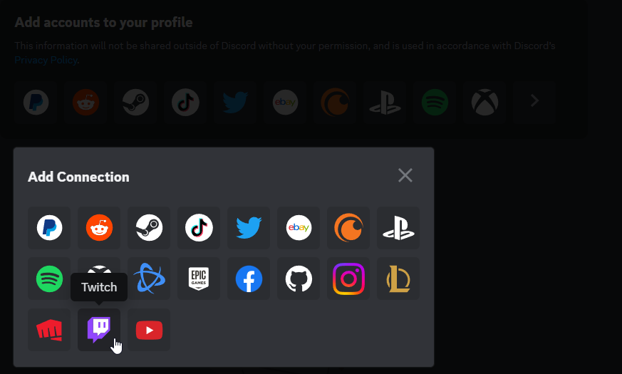 Twitch Symbol in den Verbindungs optionen von Discord