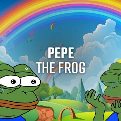 Pepe in a cartoony world full of rainbows and sunshine.