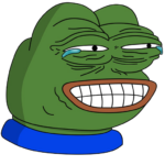 Pepe the Frog laughing with tears in his eyes and a big wide grin.