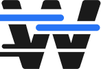 Wizebot logo showwing the letter W with black and blue horizontal lines crossing it