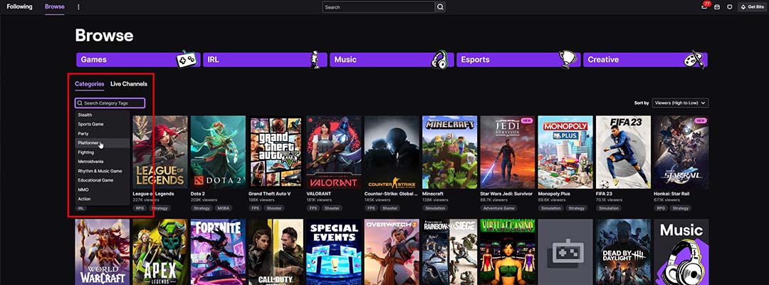Use the Twitch category browser to find trending twitch tags