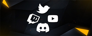 Banner mit großen Social-Media-Symbolen für Twitter, YouTube, Discord und Twitch