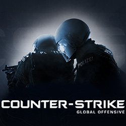 die Sillouette von zwei Polizisten in schwerer Ausrüstung, das Logo von Counter-Strike:GO, dem sechstmeistgestreamten Spiel auf Twitch.