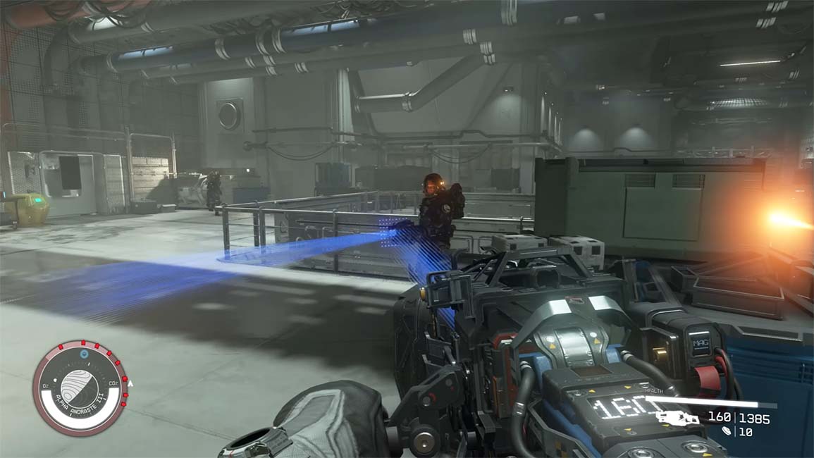 Closeup of a firefight with NPCs with one of Starfields many guns.
