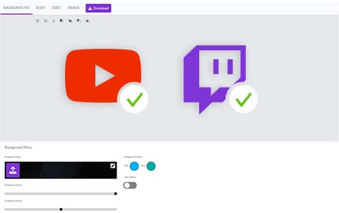 Banner Maker mit Youtube- und Twitch-Icons, die mit einem grünen Häkchen markiert sind.
