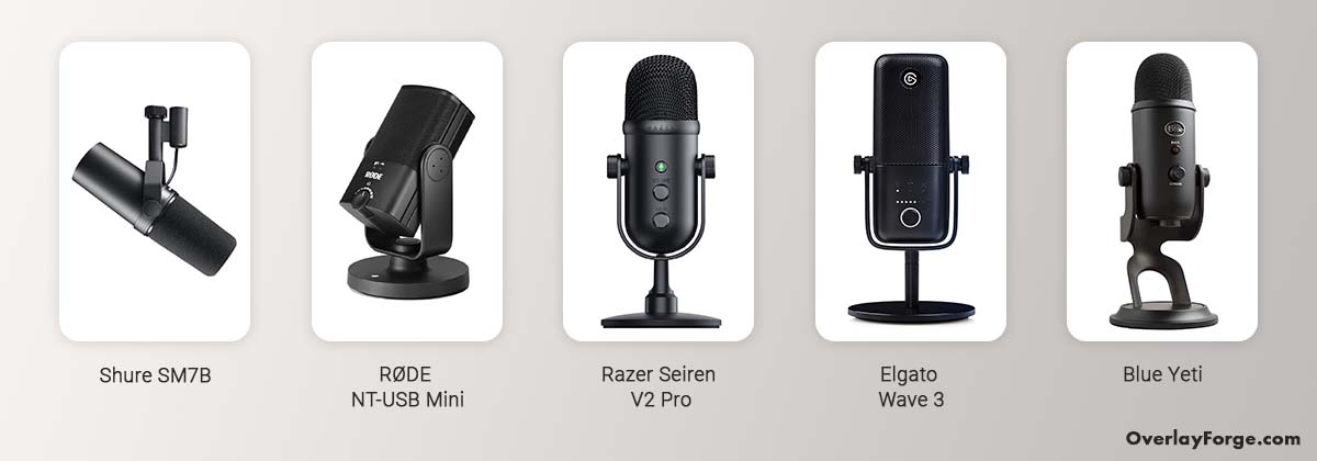 Die besten Mikrofone, um mit dem Streaming zu beginnen: Shure SM7B, RØDE NT-USB Mini, Razer Seiren V2 Pro, Elgato Wave 3 und Blue Yeti.