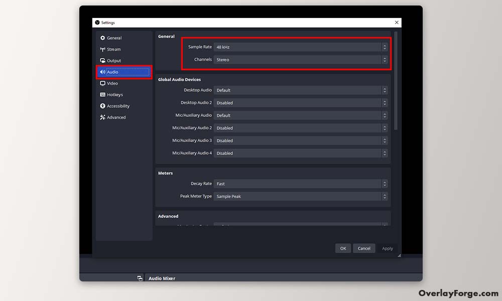 Here you can find the Audio Settings inside OBS Studio Settings Menu.