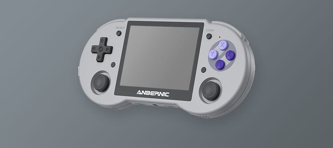 Anbernic RG353P with gray casing and purpol buttons infront of a gray background.