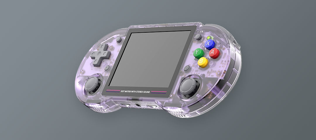 Anbernic RG353PS with purple transparent casing and colored buttons infront of a gray background.
