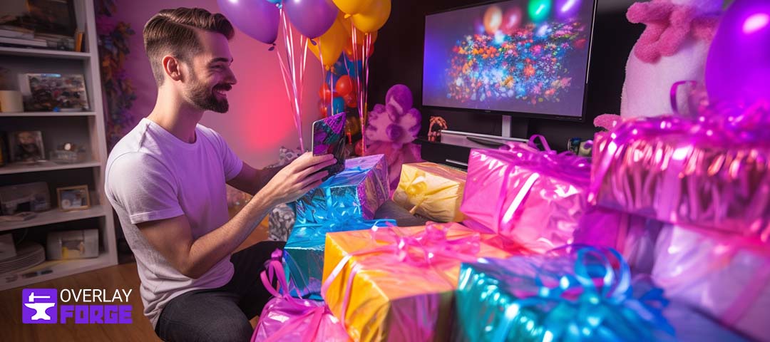 Streamer kniet vor den Geschenken aus seinem Twitch-Giveaway, bereit, sie gerecht zu verteilen