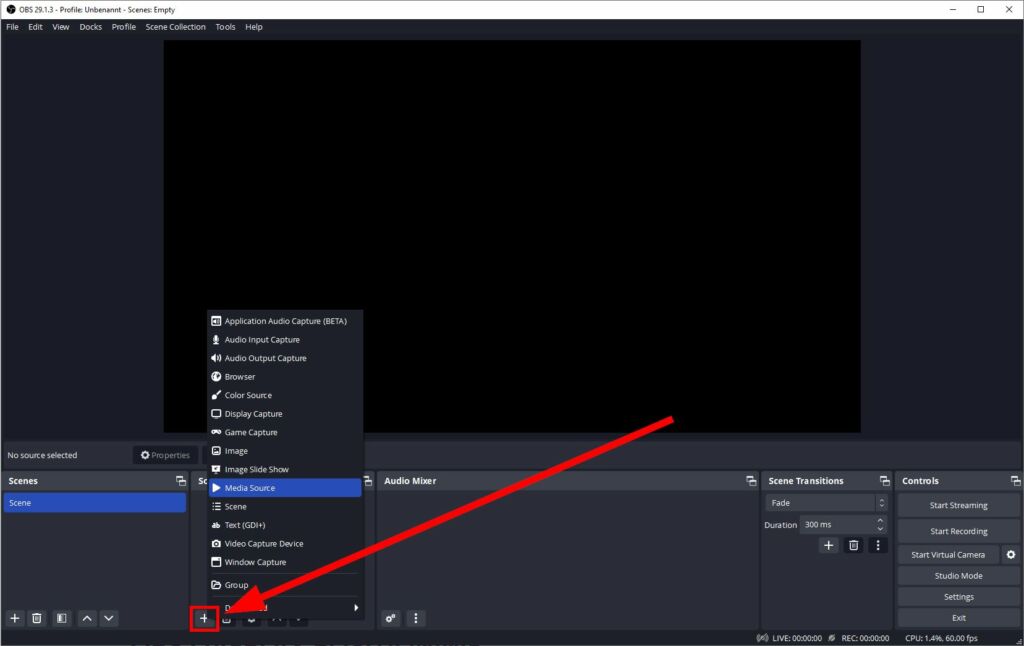 Click the '+' button in OBS to open the add sources menu.