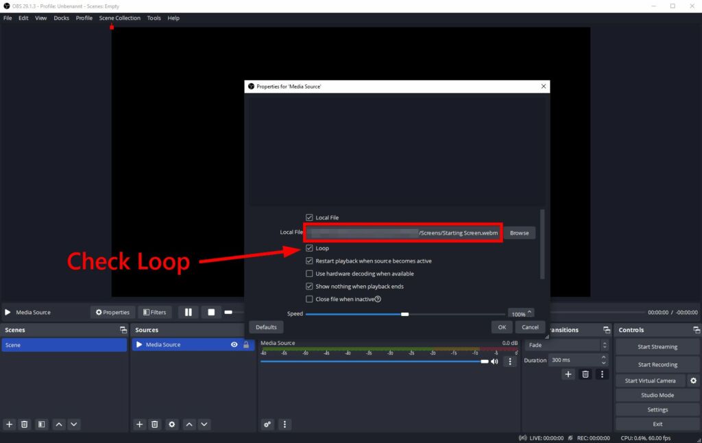 Browse to where your overlay is located on your computer, check the loop checkbox, and click OK to add your overlay source in OBS.