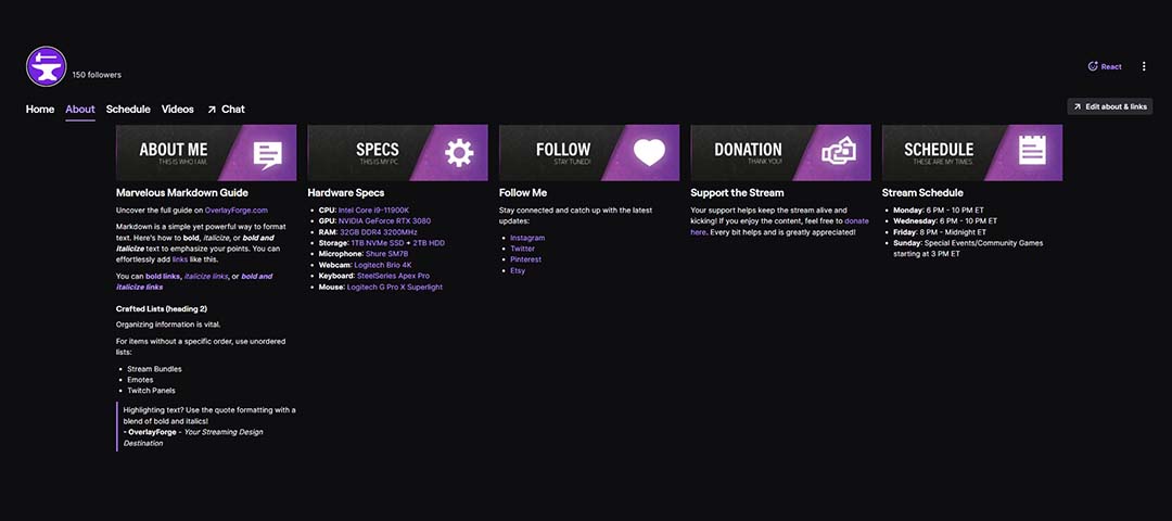 A nice twitch channel about page with markdown formating and overlayforge.com panel templates.