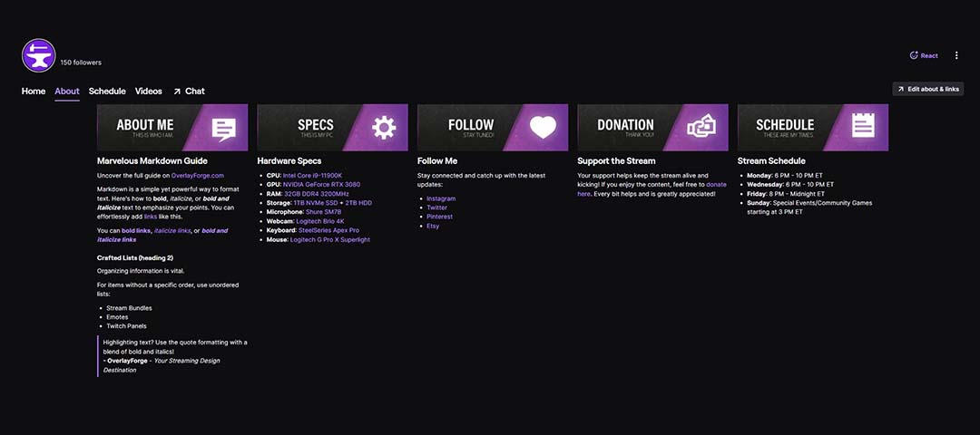Eine schöne Twitch Kanal About Seite mit Markdown Formatierung und Overlayforge.com Panel Vorlagen.