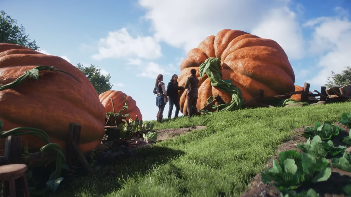 Excerpt from the trailer for the computer game Fable, people standing in front of a giant pumpkin and discussing.