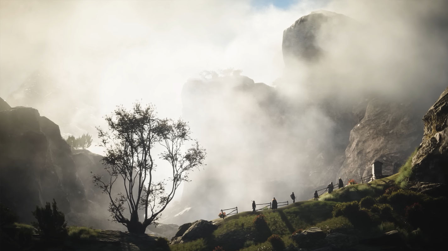 Excerpt from the trailer for the computer game Pax Dei, a group of knights travel over a mountain pass.