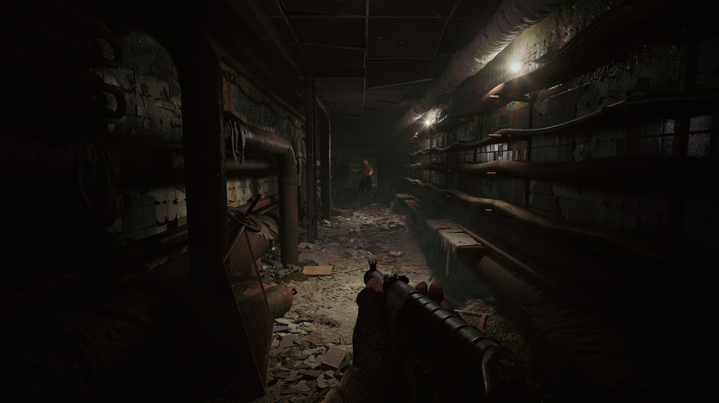 Excerpt from the trailer for the computer game Stalker 2: Heart of Chornobyl, Mutated creature stands at the end of a dark corridor.