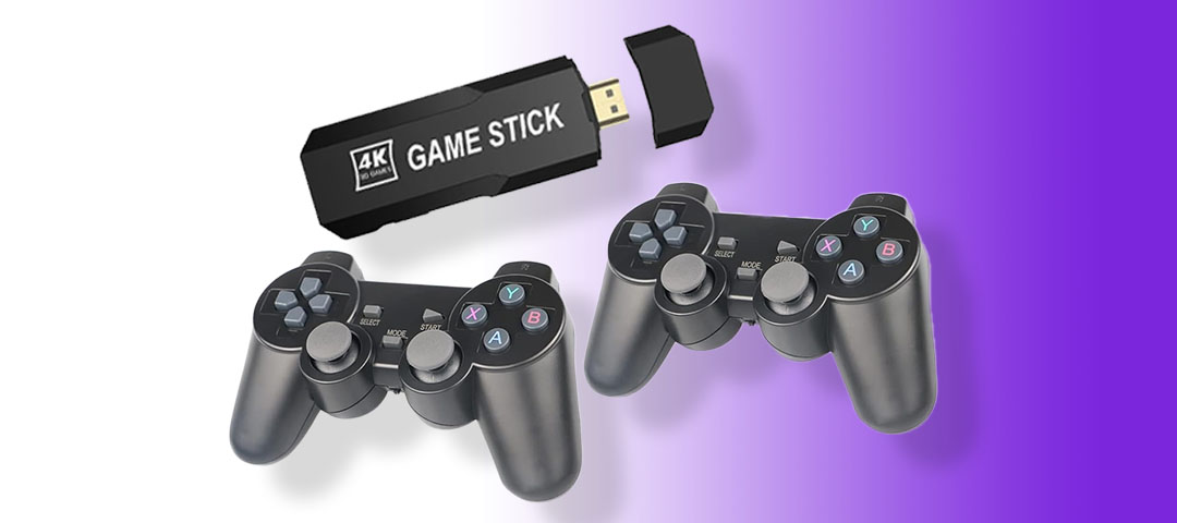The GD 10 Retro 4k Game Stick comes together with two wireless controllers.