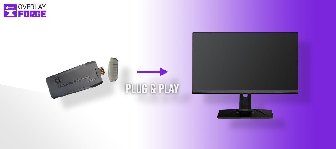 M8 Retro console Game Stick with a Monitor showcasing the Plug & Play capabilities.