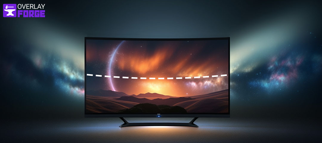 A curved monitor infront of a colorful background.